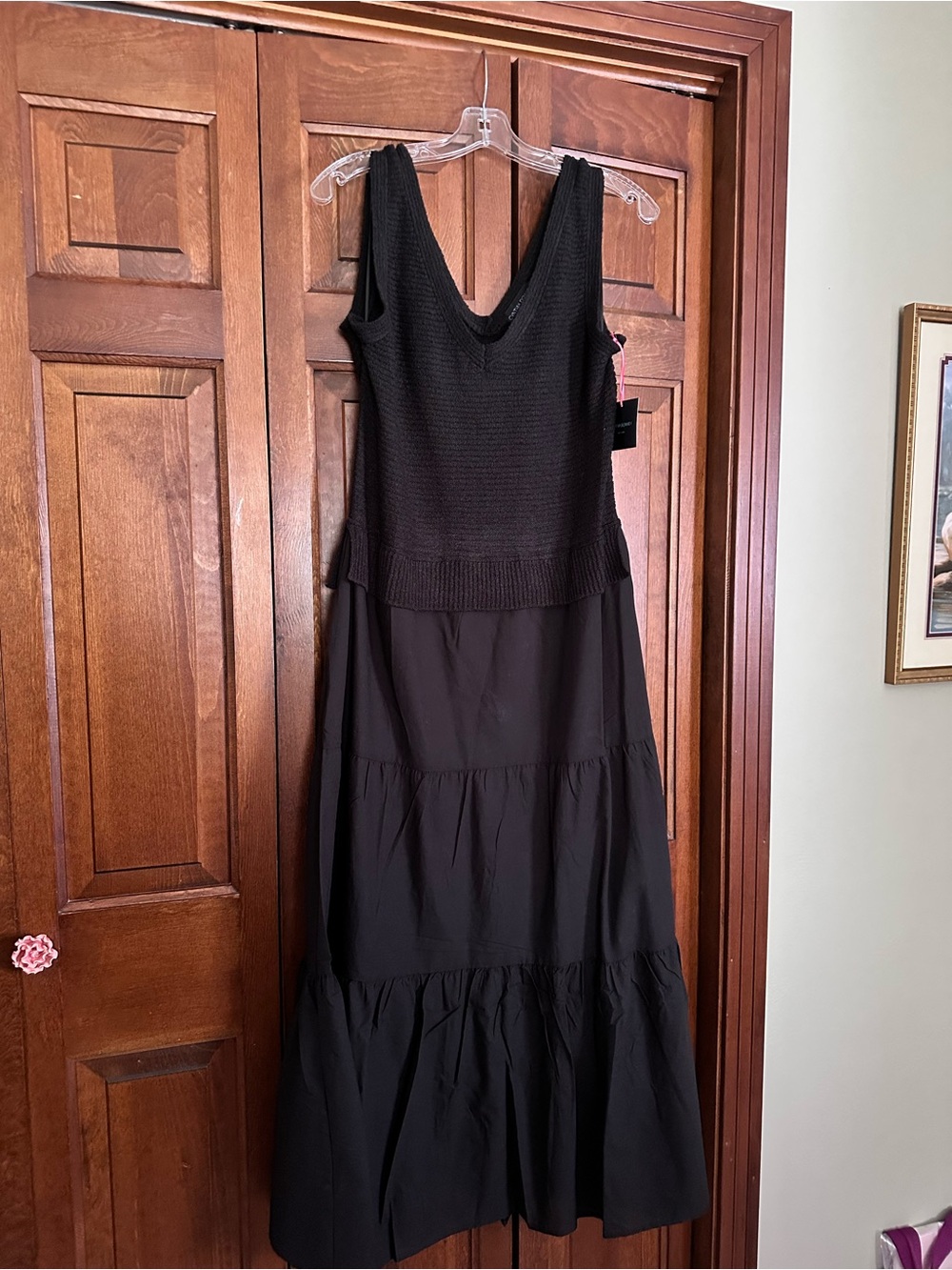 Cynthia Rowley Twofer Mixed Media Classic Black Maxi Dress Knit Flounce NWT L